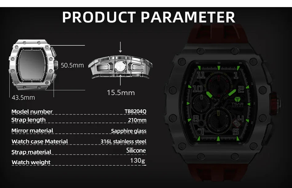 TSAR BOMBA Men's Watch: Luxury Waterproof Quartz, Tonneau Clock, Chronograph - A Timepiece Gift of Elegance