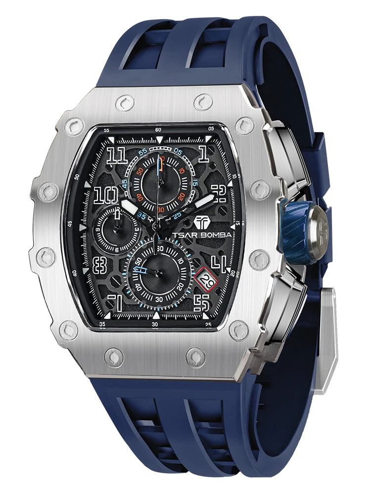 TSAR BOMBA Men’s Luxury Watch – Tonneau Design Waterproof Stainless Steel Wristwatch