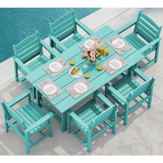 7-Piece Outdoor Patio Dining Set – All-Weather HDPE Table & Chairs with Umbrella Hole for Backyard or Deck