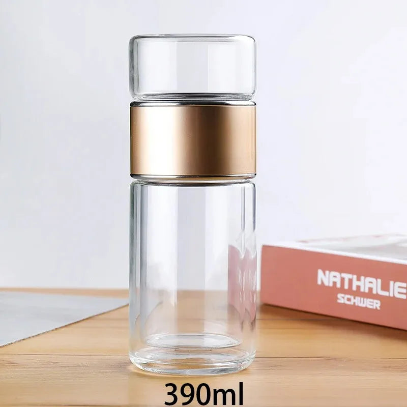 420ML Tea Infuser Water Bottle – Double Layer High Borosilicate Glass Tumbler with Stainless Steel Filter for Loose Leaf Tea & Fruit Infusions