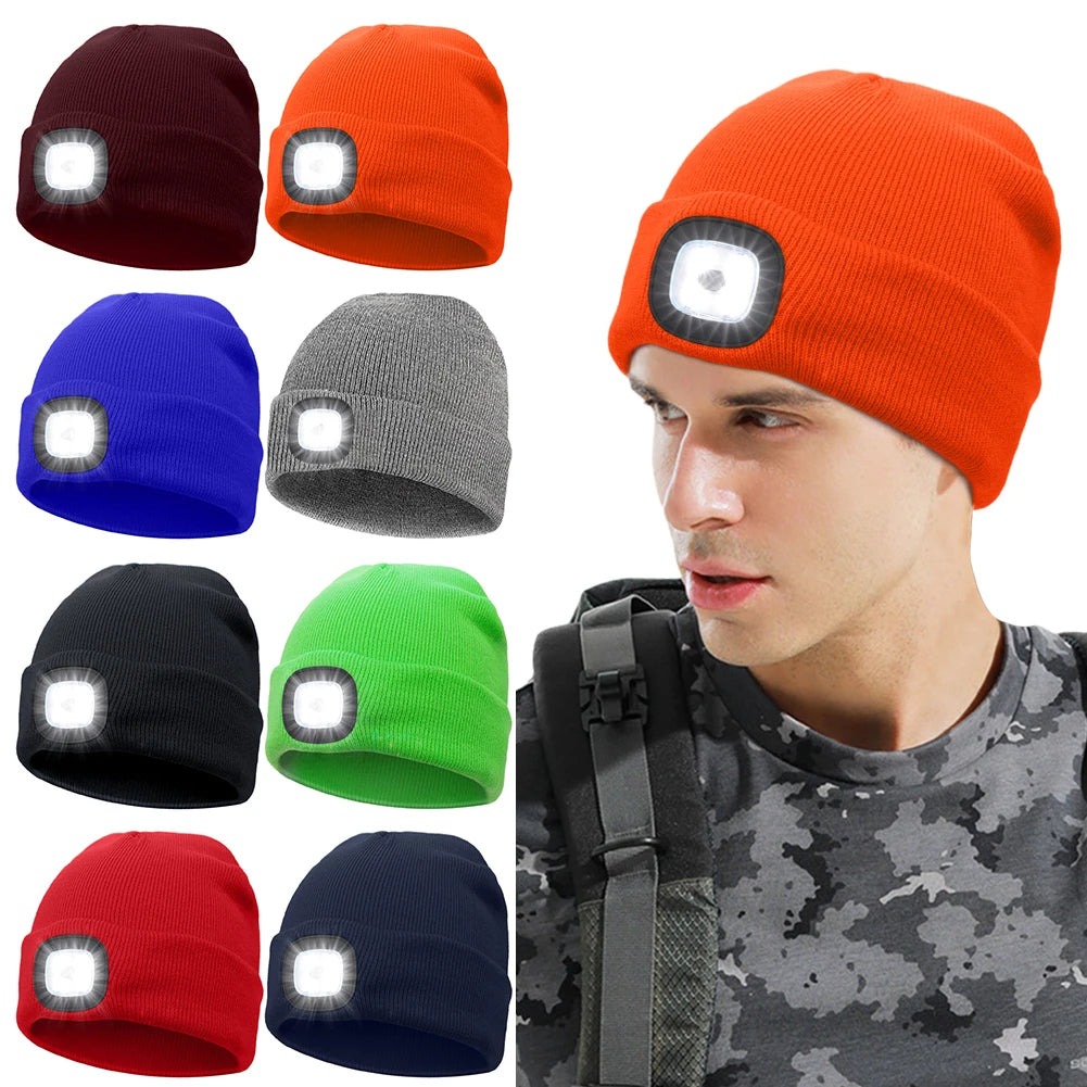 Unisex LED Beanie Hat with 4 Built-in Lights – Winter Knit Cap with Rechargeable Headlamp