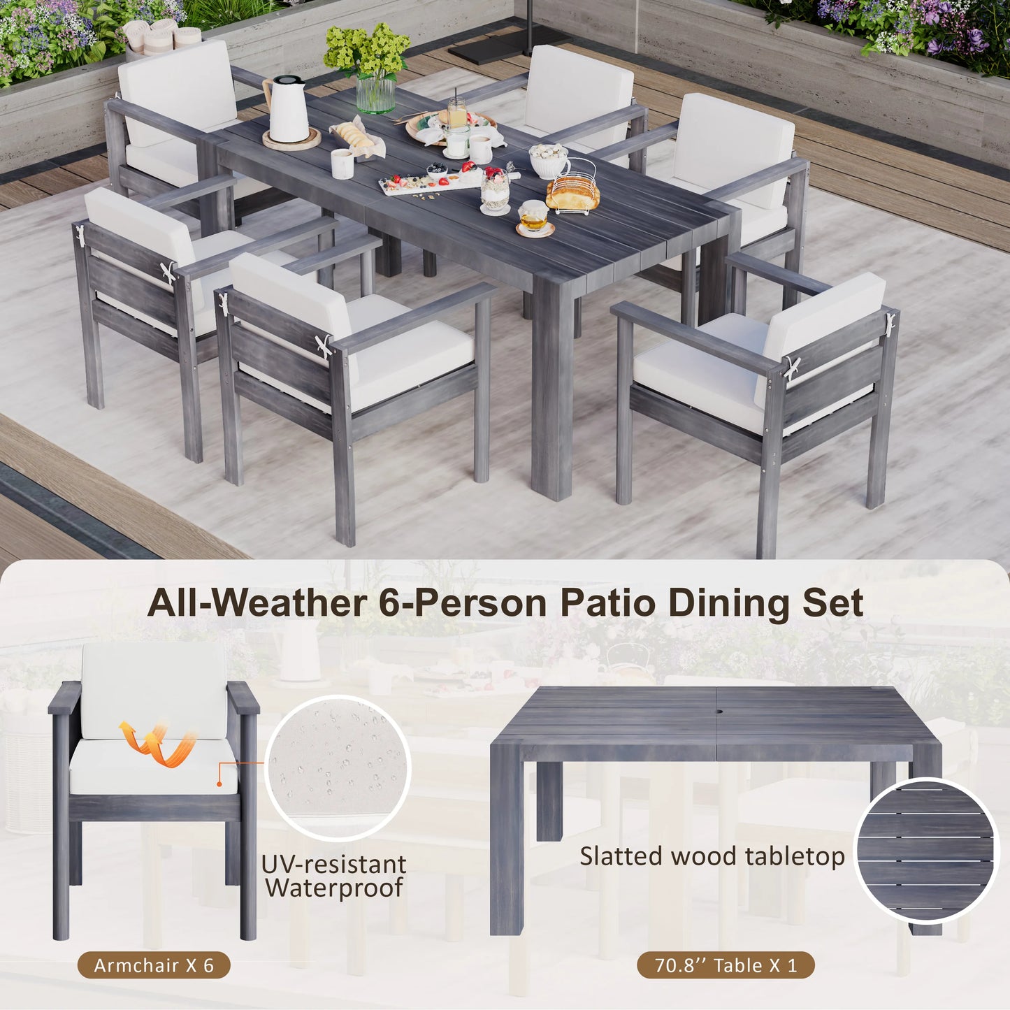 7-Piece Outdoor Dining Set – Solid Wood Patio Table with 6 Armchairs, 70.8” Rectangular Table for Garden or Backyard