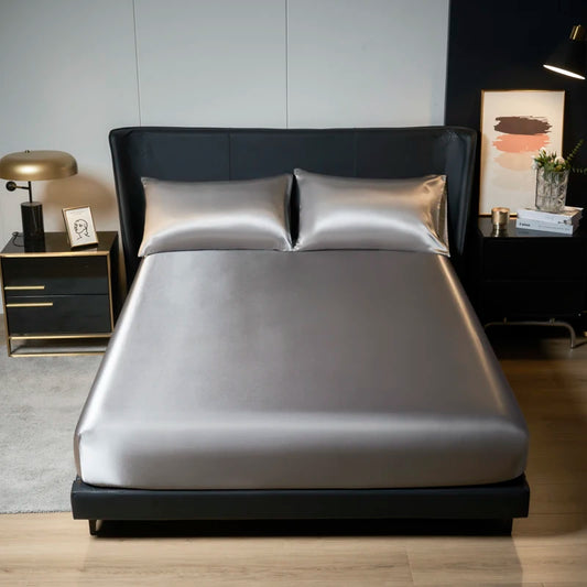 3-Piece Satin Fitted Sheet Set – Luxury Solid Color Bed Cover with Pillowcases & 4-Corner Elastic Fit
