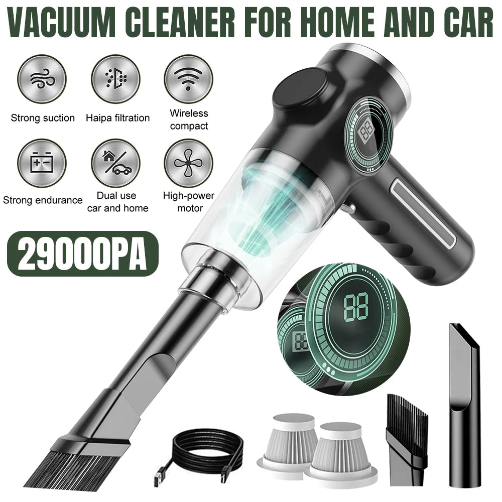 Powerful Clean Anywhere: 29000Pa Mini Wireless Vacuum – 120W Handheld Car Cleaner with LCD Display & 3 Filters