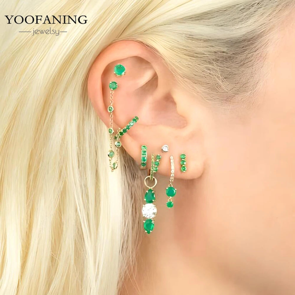 925 Sterling Silver Women's Earrings – Heart-Shaped Green Zircon Flower with Geometric Luxury Design