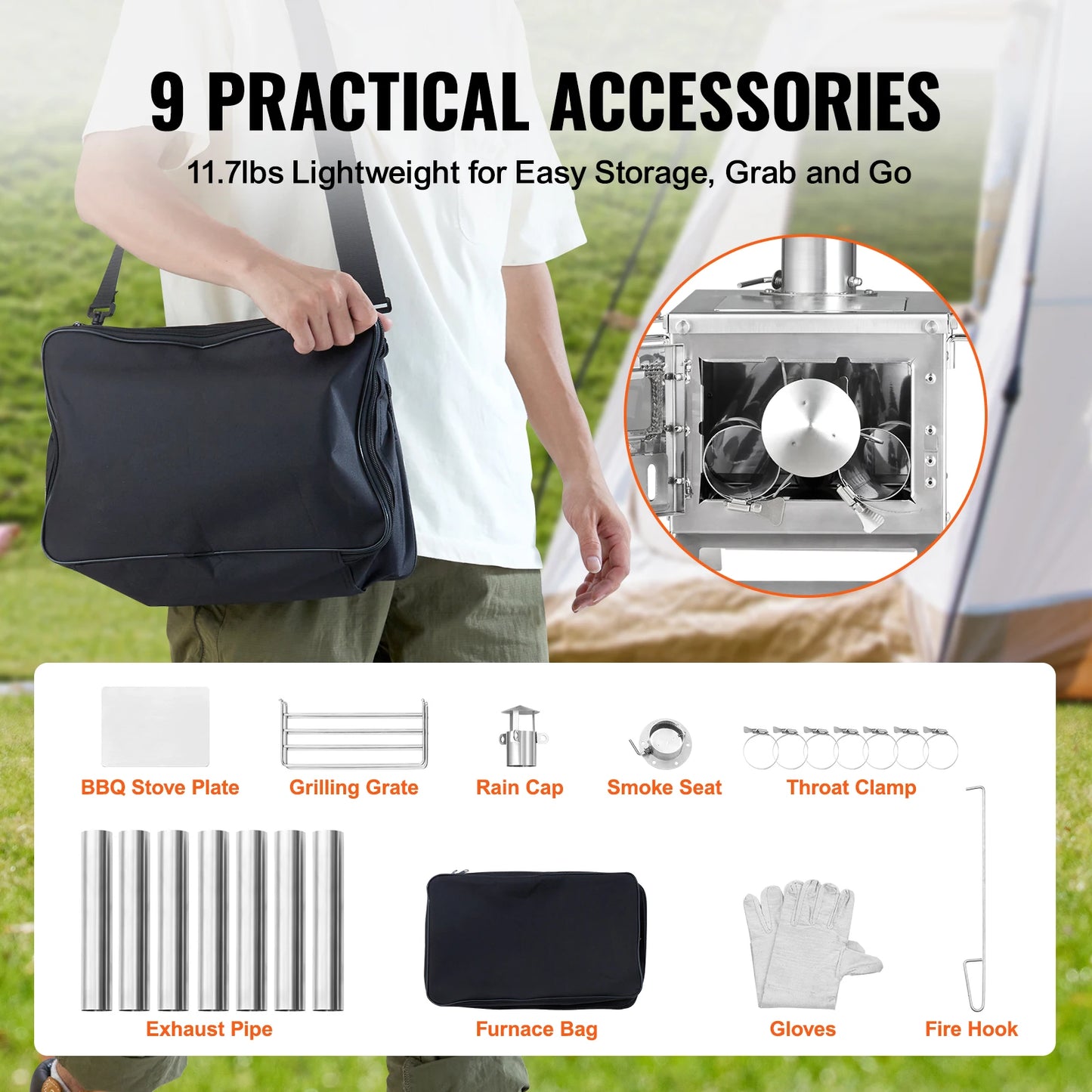 Portable Stainless Steel Wood Stove – Camping Tent Stove with Chimney Pipes, Gloves & 700in³ Firebox