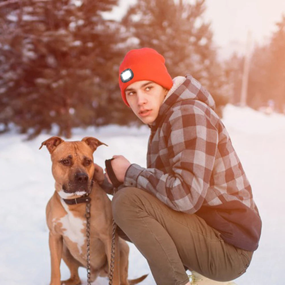 Unisex LED Beanie Hat with 4 Built-in Lights – Winter Knit Cap with Rechargeable Headlamp