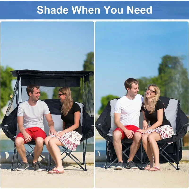XXXL Double Camping Chair with Shade Canopy – Oversized 2-Person Folding Chair with Cup Holders, Heavy-Duty Outdoor Beach Seat + Carry Bag