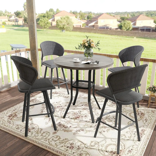 5-Piece Patio Bar Set: 35.5'' Bar-Height Metal Table & 4 Grey Wicker Swivel Stools – Perfect for Lawn & Garden!