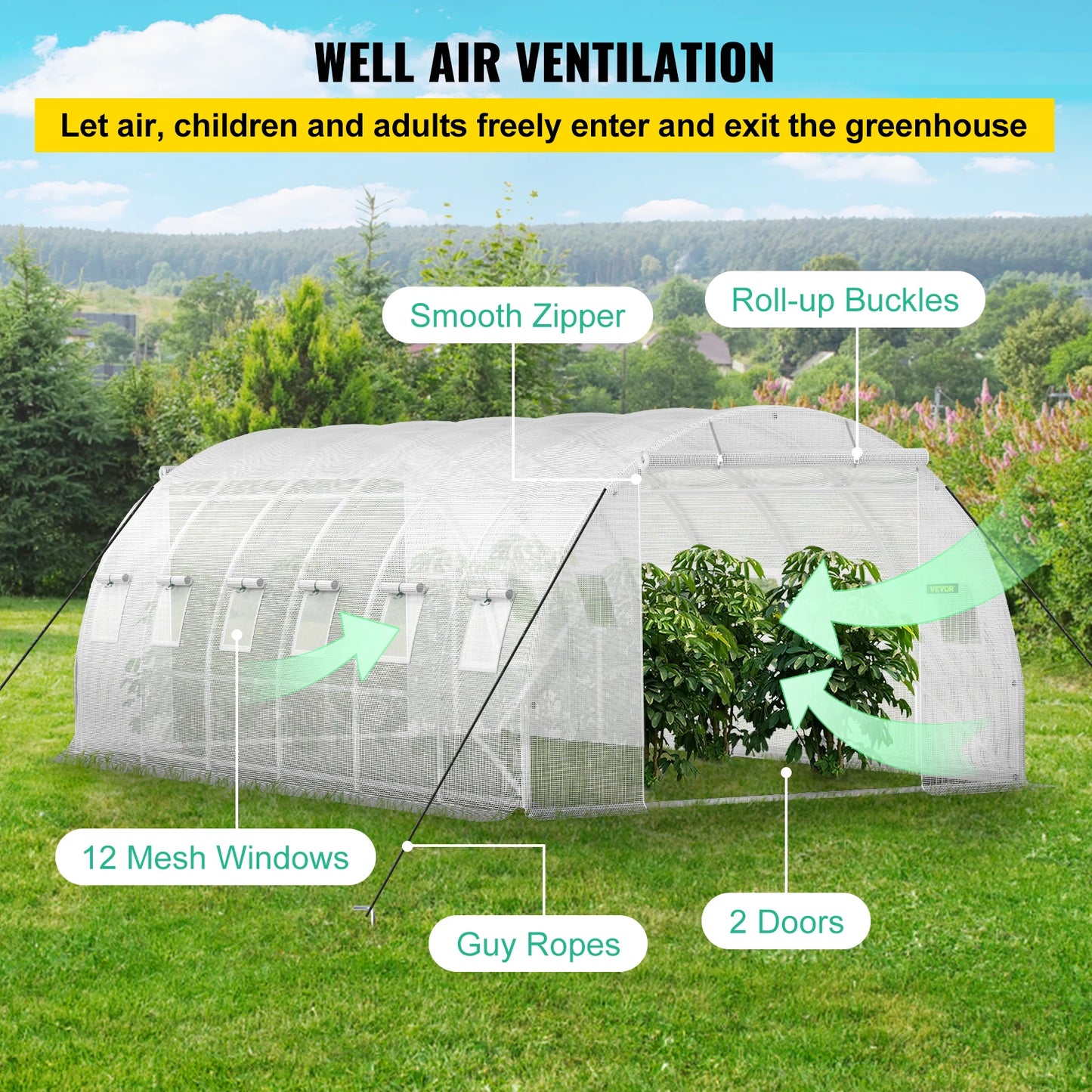 VEVOR 20x10x7 ft Walk-in Tunnel Greenhouse – Portable Design with 3 Top Beams, Diagonal Poles, 2 Zippered Doors, and 12 Roll-up Windows