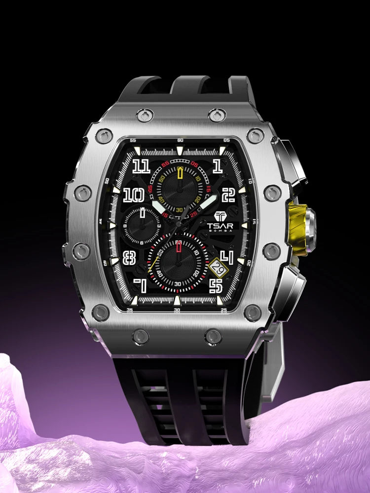 TSAR BOMBA Men’s Luxury Watch – Tonneau Design Waterproof Stainless Steel Wristwatch