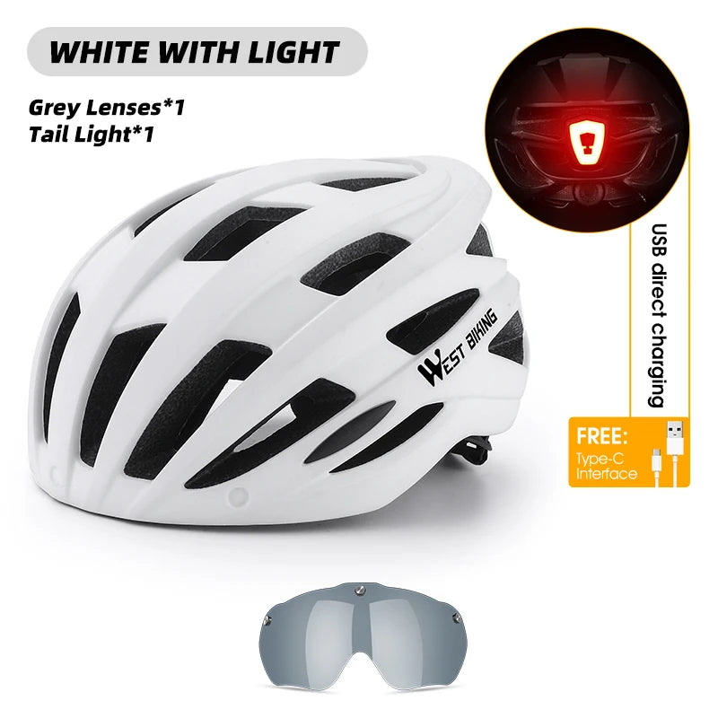 WEST BIKING Unisex Cycling Helmet with Taillight, Goggles, and Sun Visor – Safety Helmet for MTB, Road Bikes, and Motorcycles