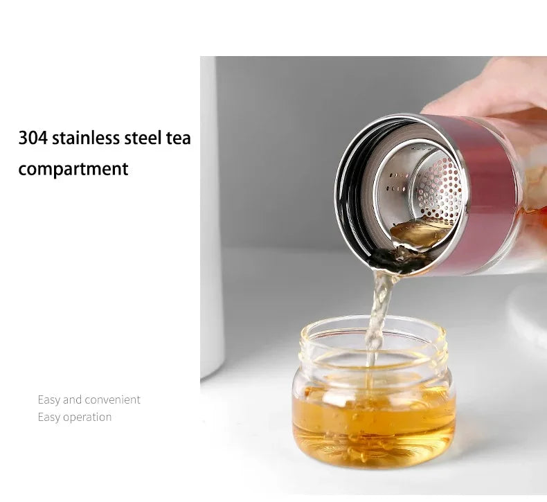 420ML Tea Infuser Water Bottle – Double Layer High Borosilicate Glass Tumbler with Stainless Steel Filter for Loose Leaf Tea & Fruit Infusions