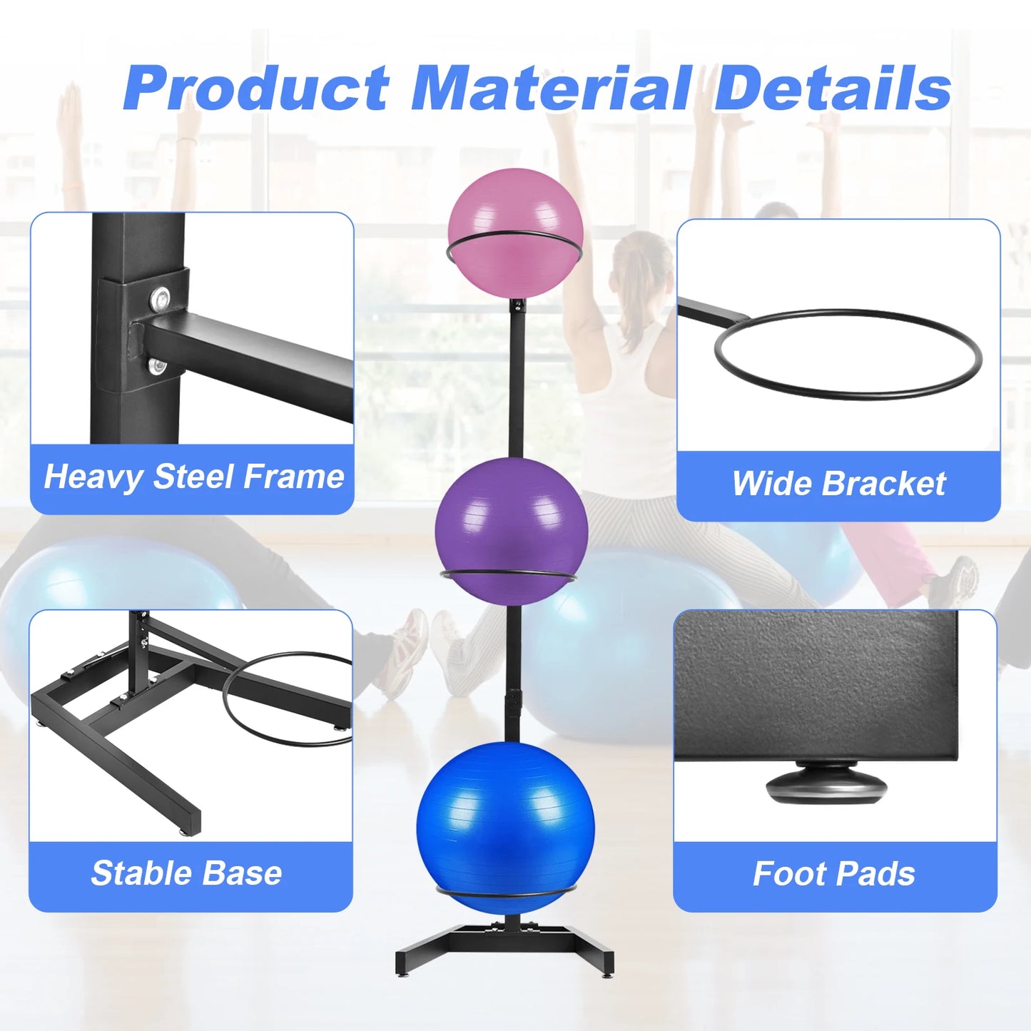 Vertical Yoga Ball Holder Rack – Steel Frame Yoga Storage Stand for Home & Commercial Studios