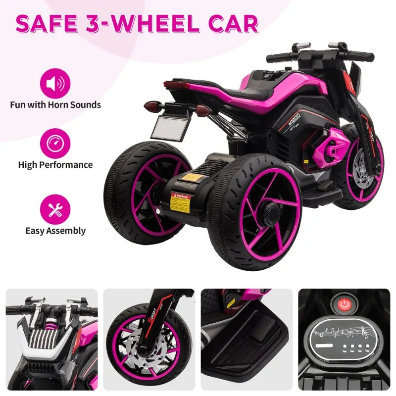 12V Three-Wheel Ride-On Motorcycle for Kids (Rosy Pink) Electric Motorbike with Horns, LED Lights – Perfect Gift for Ages 3–8