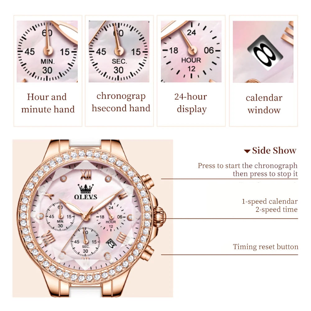 Luxury Diamond Women's Quartz Watch: Rhombus Mirror, Chronograph, Waterproof, Original Ladies' Dress Watch