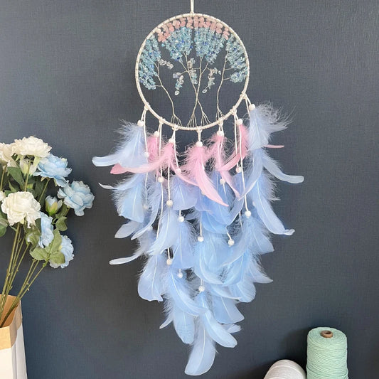 Tree of Life Crystal Dream Catcher – Blue Feathers, Wind Chime Bedroom Hanging Ornament, Perfect for Home Decor and Festival or Birthday Gifts