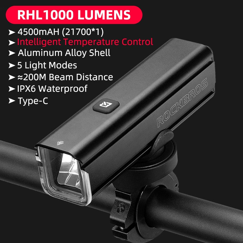 Illuminate Your Ride with ROCKBROS 1000LM Type-C Rechargeable Bicycle Front Light – Powerful LED, 4500mAh Battery, Waterproof Design