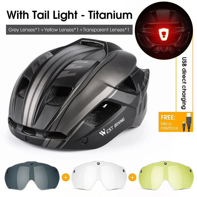 WEST BIKING Unisex Cycling Helmet with Taillight, Goggles, and Sun Visor – Safety Helmet for MTB, Road Bikes, and Motorcycles