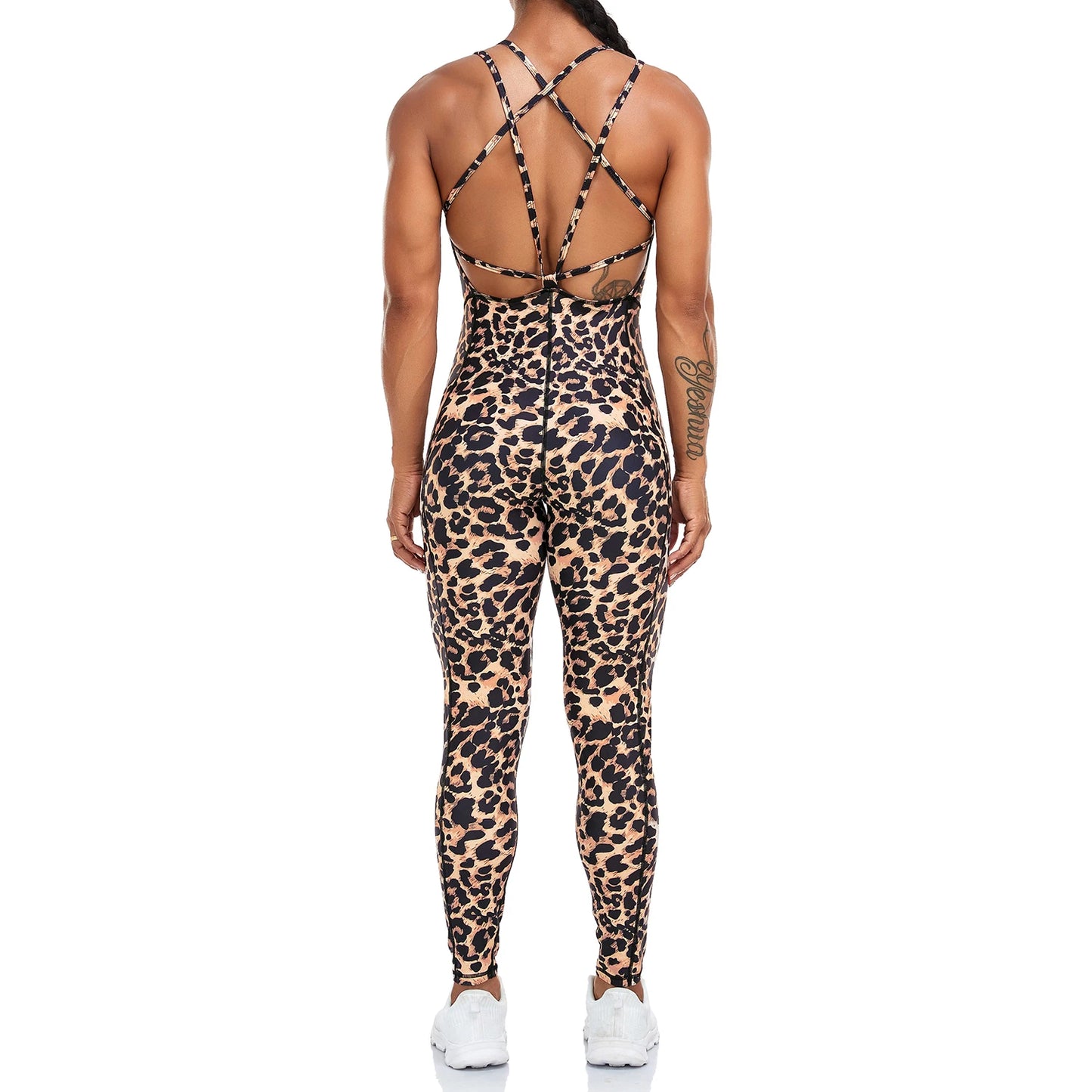 Leopard Backcross Yoga Set: Sexy Sleeveless One-Piece Jumpsuit with High-Waist Leggings – Perfect for Women!