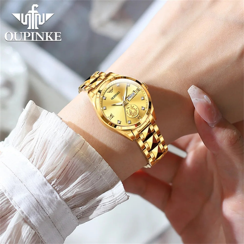 Luxury Women's Automatic Watch: Real Gold, Phoenix Inlaid, Swiss Luminous Waterproof Mechanical Wristwatch