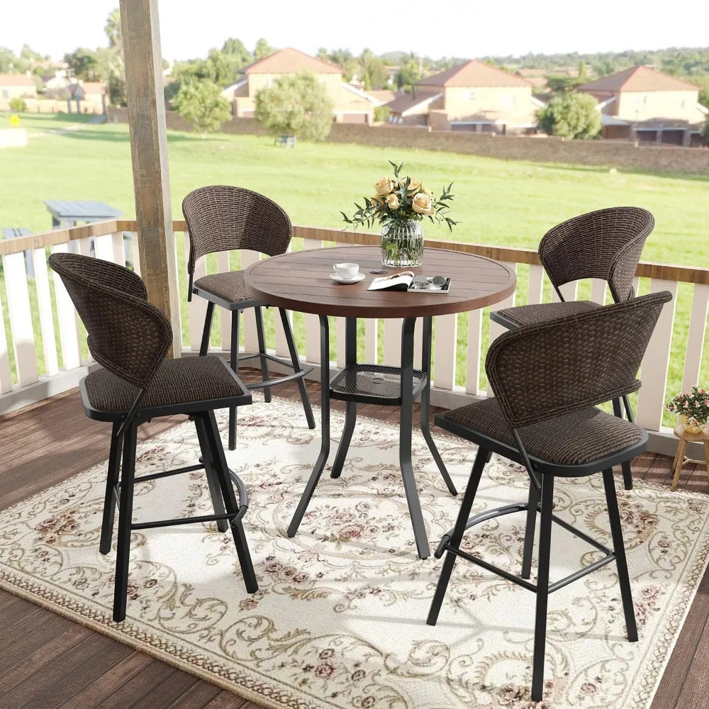 5-Piece Outdoor Patio Bar Set – 35.5" Bar-Height Metal Table with 4 Swivel Wicker Bar Stools for Garden & Backyard