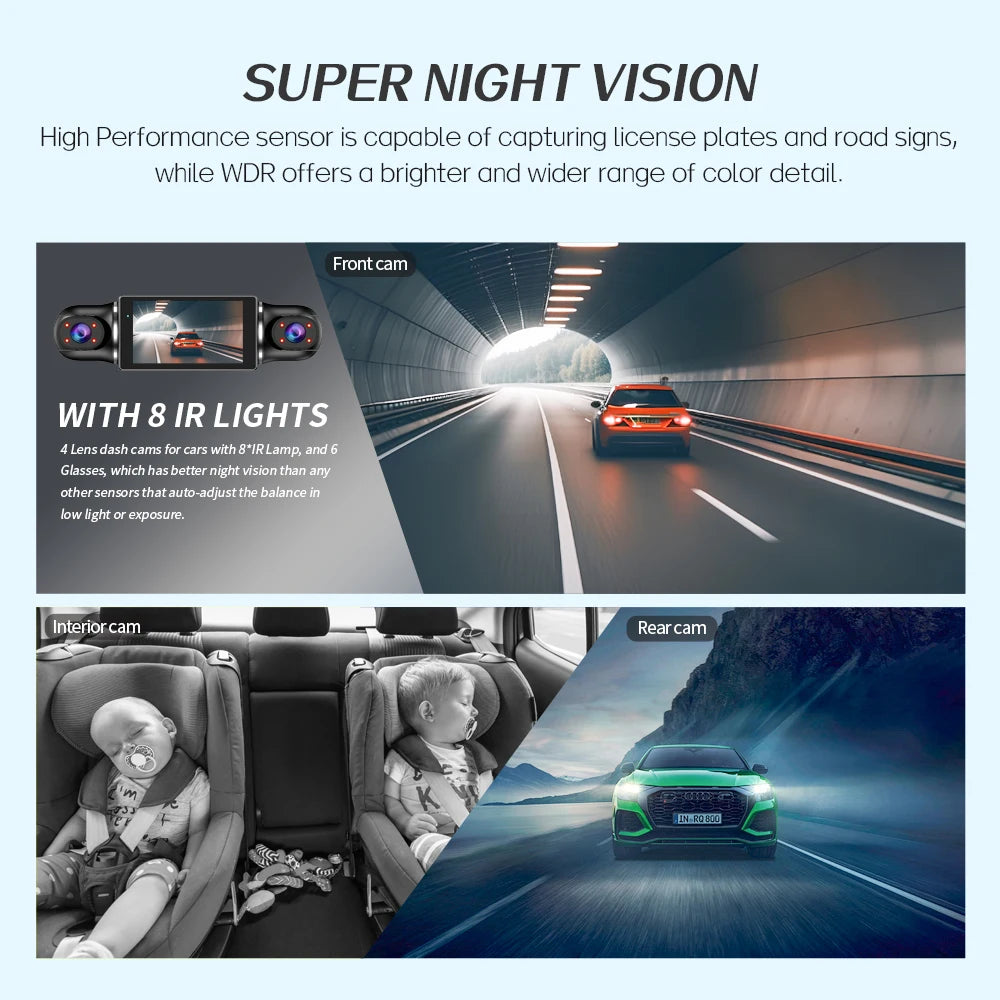 360° Protection on the Road: 4-Lens Dash Cam with WiFi, GPS & Free 64GB Storage
