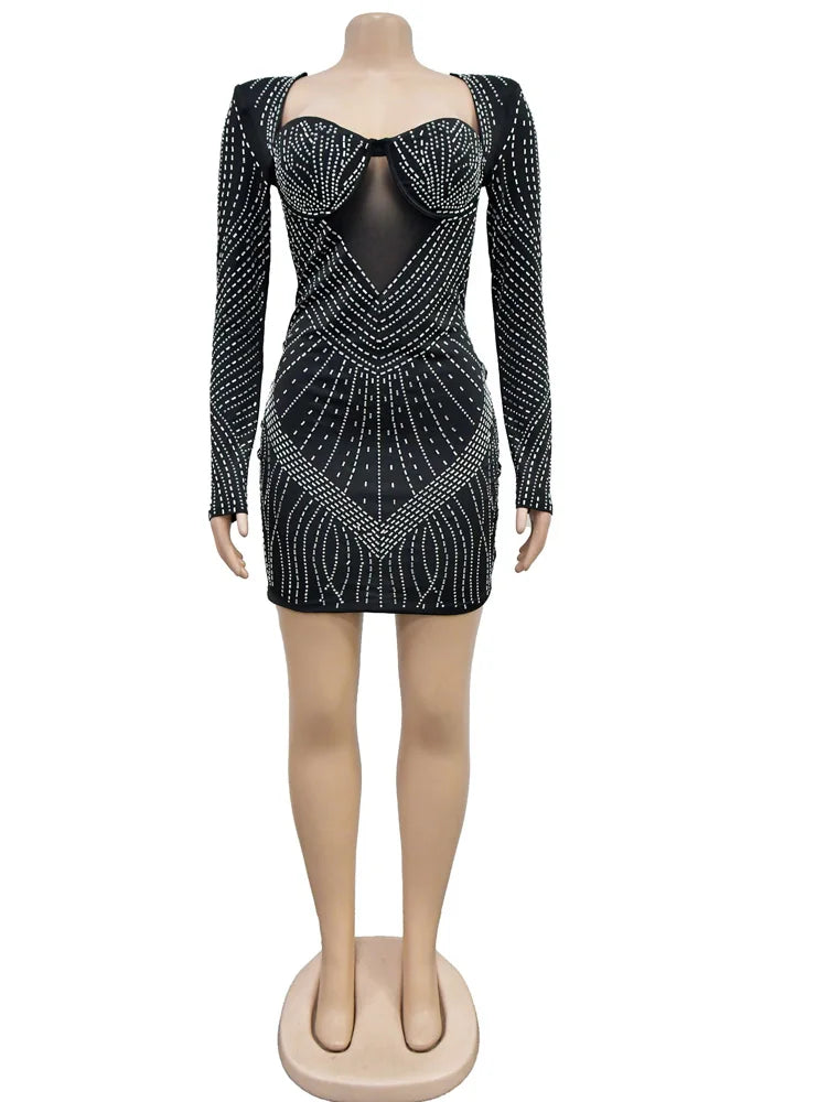 Stunning Black Rhinestone Padded Mini Dress - Turn Heads in This Dazzling Party Outfit for Birthdays & Nights Out!