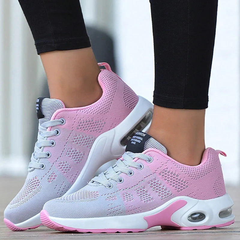 Women's Air Cushion Sneakers – Stylish Mesh Sports & Running Shoes | Non-Slip, Comfortable Walking & Training Shoes in Pink & Black