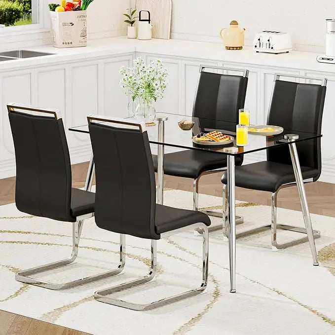 5-Piece Glass Dining Table Set for 4 – Modern Kitchen Dining Room Table with 4 Black PU Leather Chairs