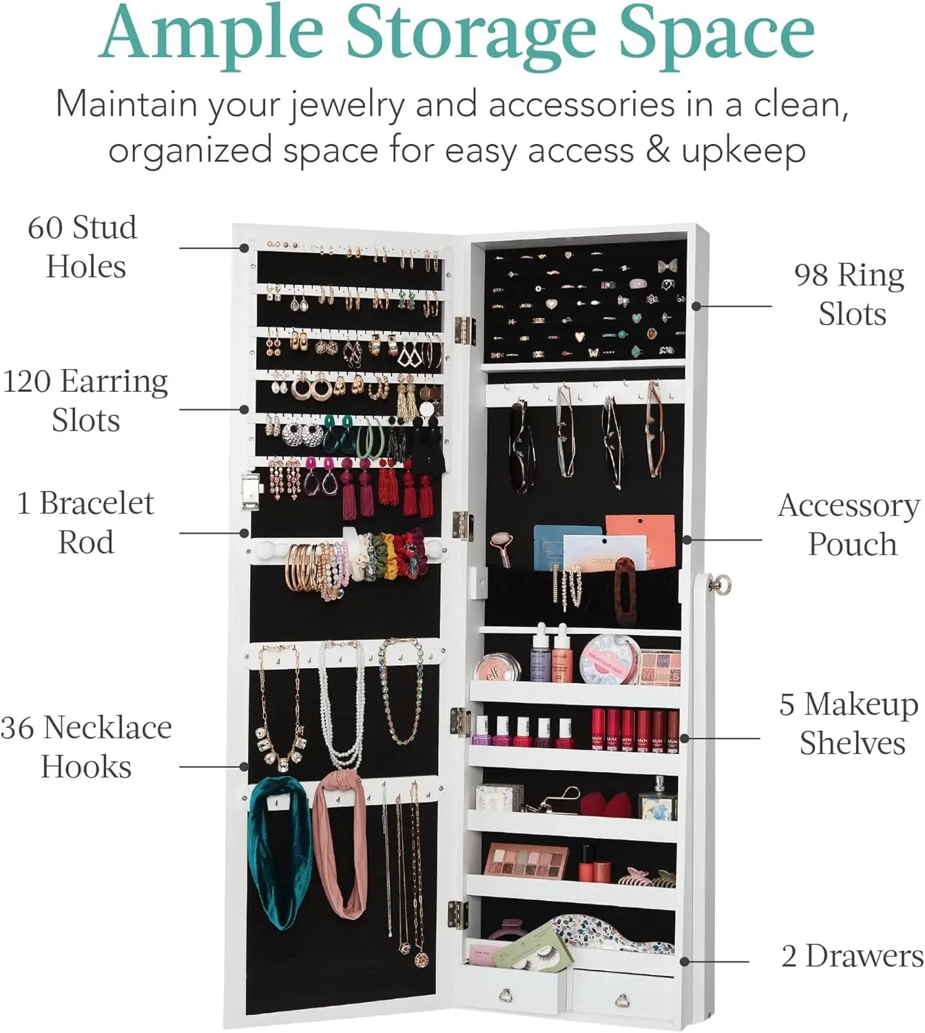 Freestanding Jewelry Armoire Cabinet with Full-Length Mirror – Lockable Storage Organizer with Velvet Interior & LED Lights