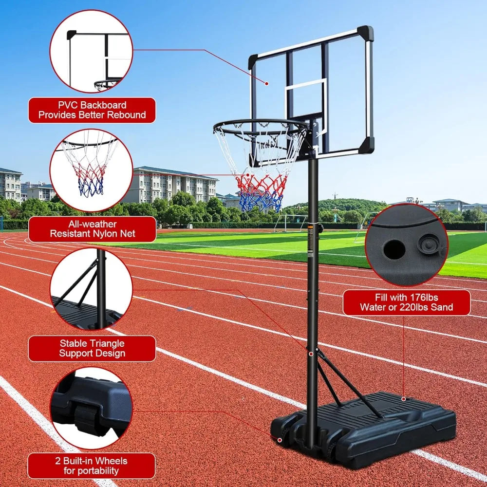 Adjustable Portable Basketball Hoop: Height 6.2-8.5ft, Transparent Backboard & Wheels – Perfect for Any Court!