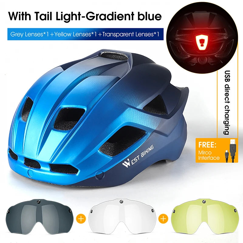 WEST BIKING Unisex Cycling Helmet with Taillight, Goggles, and Sun Visor – Safety Helmet for MTB, Road Bikes, and Motorcycles