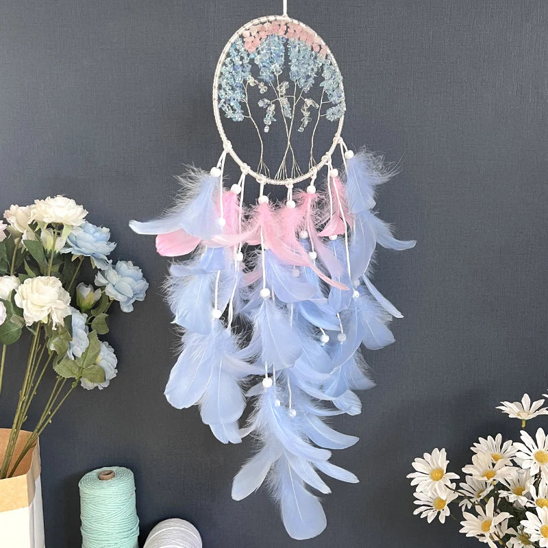 Tree of Life Crystal Dream Catcher – Blue Feathers, Wind Chime Bedroom Hanging Ornament, Perfect for Home Decor and Festival or Birthday Gifts