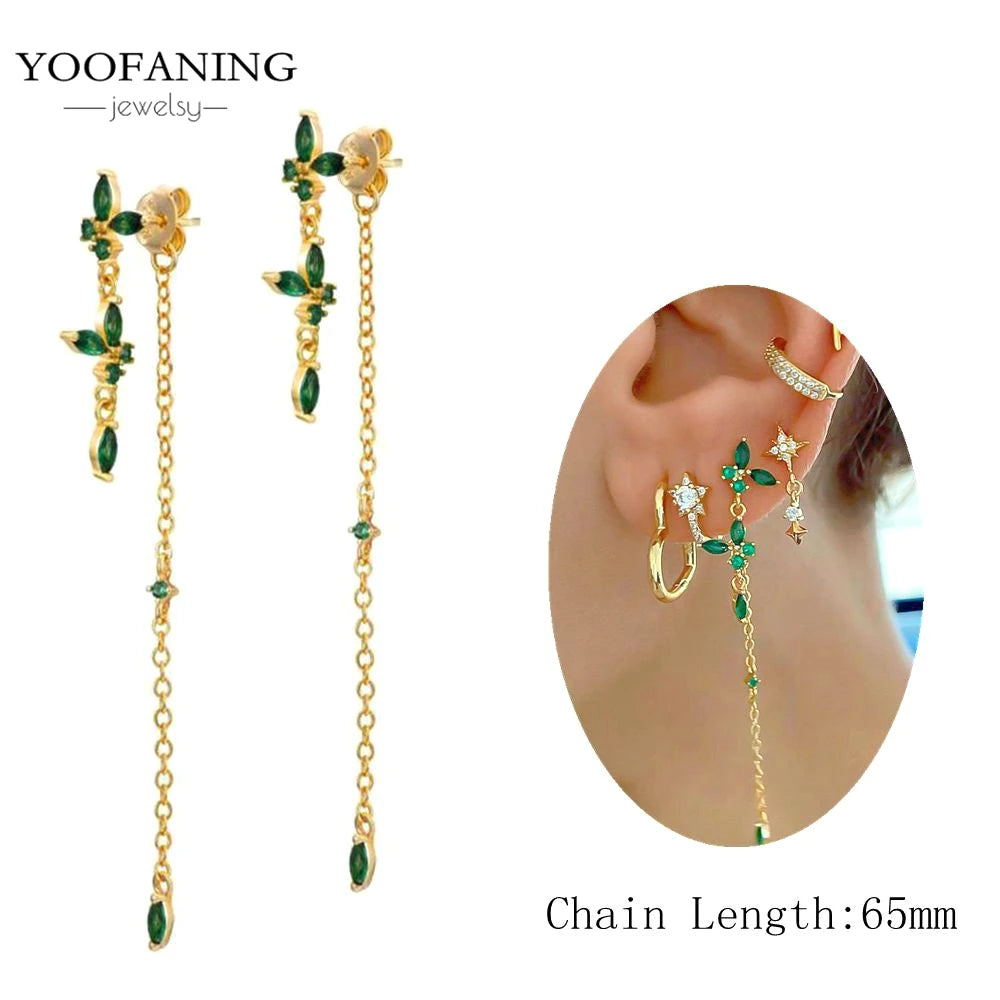 925 Sterling Silver Women's Earrings – Heart-Shaped Green Zircon Flower with Geometric Luxury Design