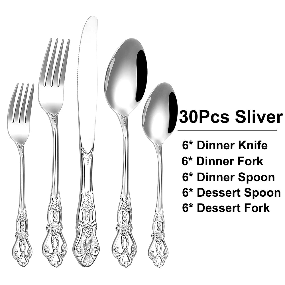 6/24/30-Piece Luxury Silver Cutlery Set – Elegant Stainless Steel Flatware for Stylish Dining