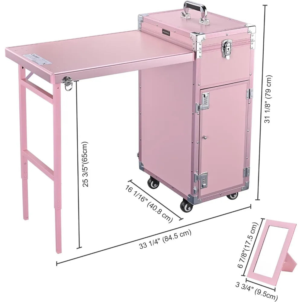 Foldable Rolling Manicure Table with Built-in Speaker: Nail Table and Makeup Train Case for Travel Storage and Organization