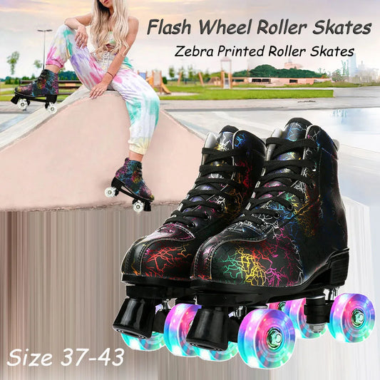 🛼 Zebra Print High-Top Quad Roller Skates – Flash Wheel Skating Shoes for Adults & Teens