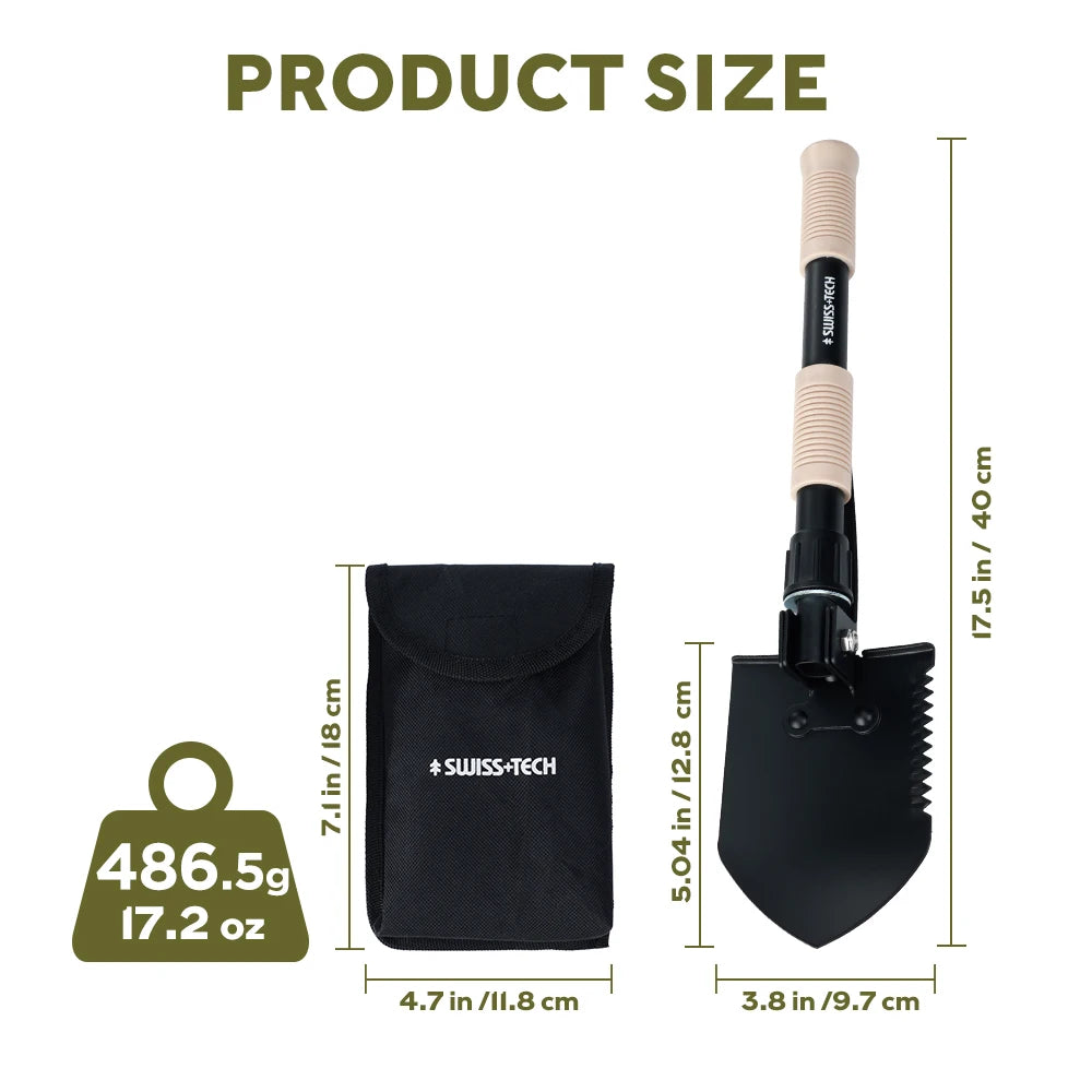 Swiss Tech 3-in-1 Ultralight Folding Shovel – Mini EDC Multi-Tool for Outdoor Camping, Hiking & Gardening