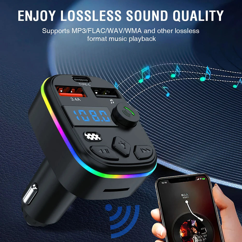 Bluetooth 5.3 FM Transmitter Car Charger – Hands-Free Calls, Dual USB + Type-C, MP3 & TF Card Support
