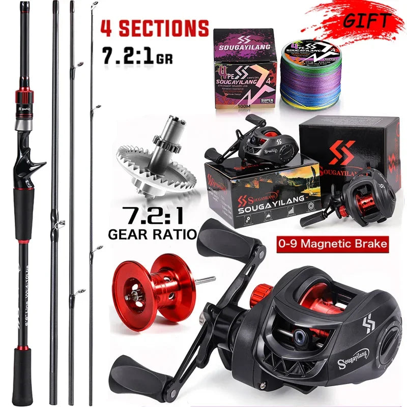 Sougayilang Carbon Fiber Fishing Rod and Baitcasting Reel Combo - 1.8~2.1m Casting Rod with 7.2:1 Gear Ratio and 10kg Max Drag for Bass Fishing