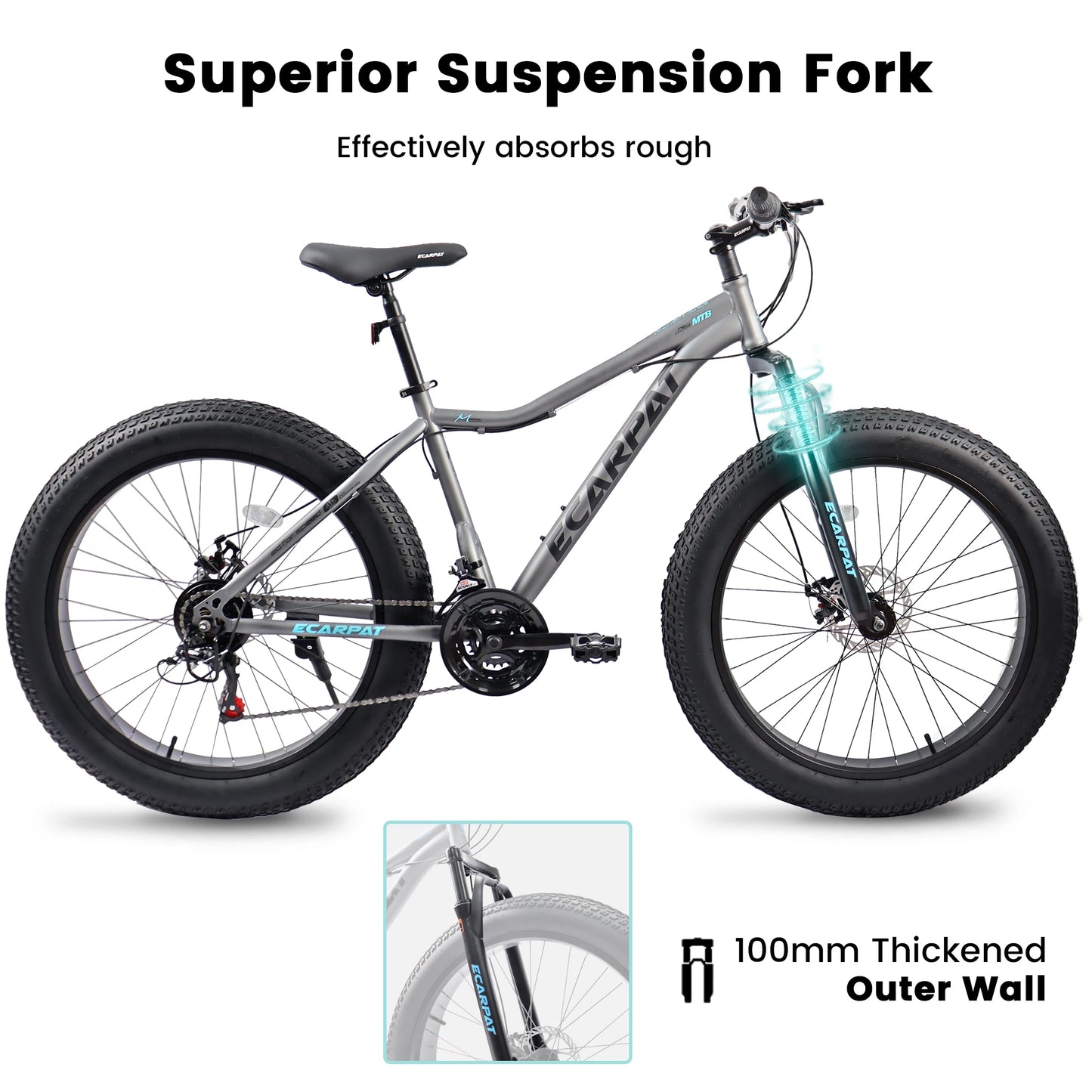 Ecarpat 26-Inch Fat Tire Mountain Bike – 4" Wide Tires, 21-Speed Snow Bike with Steel Frame & Disc Brakes for Men & Women