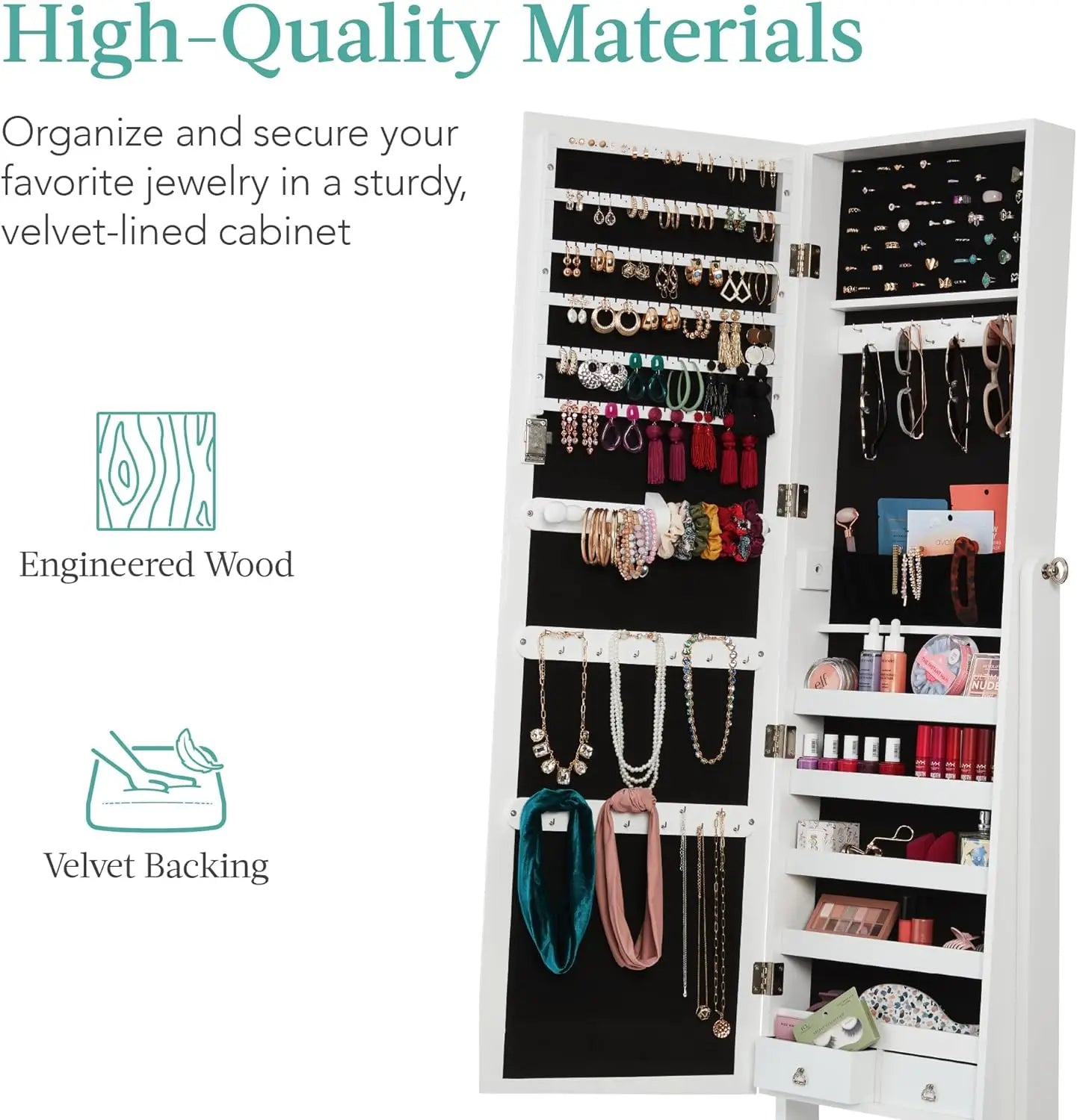 Freestanding Jewelry Armoire Cabinet with Full-Length Mirror – Lockable Storage Organizer with Velvet Interior & LED Lights