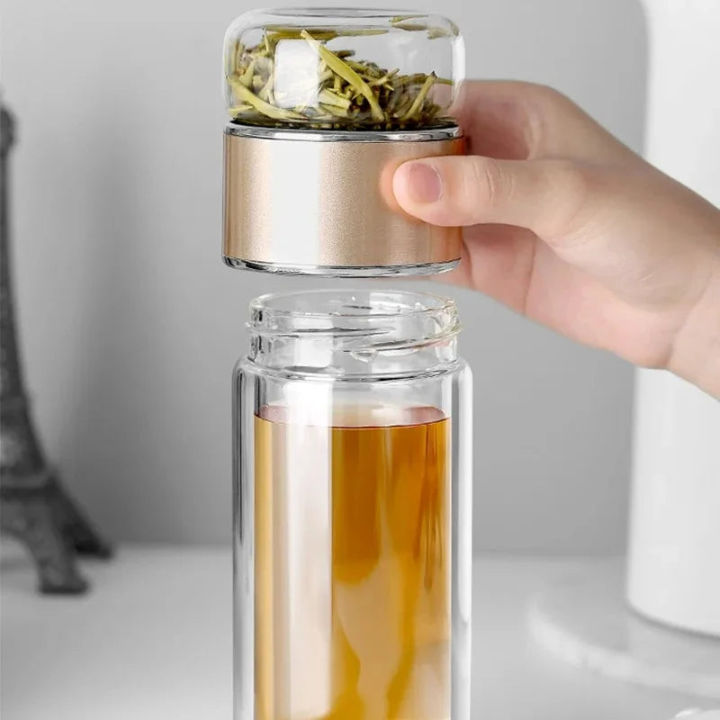420ML Tea Infuser Water Bottle – Double Layer High Borosilicate Glass Tumbler with Stainless Steel Filter for Loose Leaf Tea & Fruit Infusions