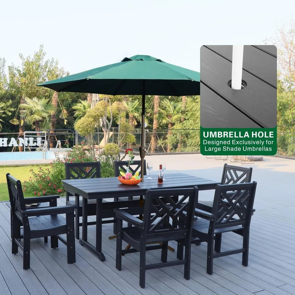 7-Piece Outdoor Dining Set – All-Weather HDPE Patio Table & Chairs with Wood Grain Finish and Umbrella Hole