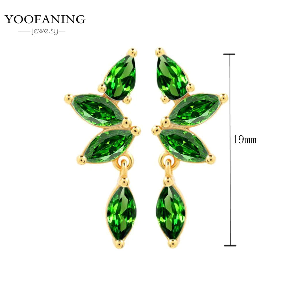 925 Sterling Silver Women's Earrings – Heart-Shaped Green Zircon Flower with Geometric Luxury Design