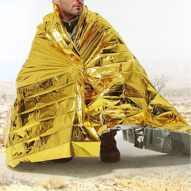 Emergency Thermal Poncho Blanket – Lightweight, Water-Resistant, Windproof Sunshade, Reusable First Aid Mat for Camping