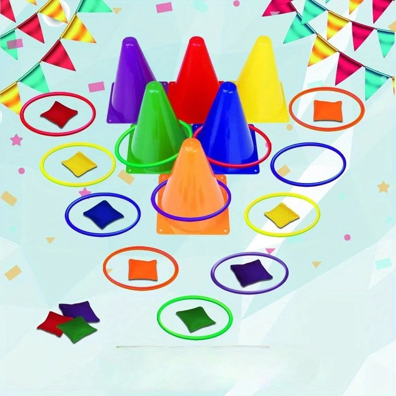 Multicolor Cone and Ring Toss Game Set for Kids – Outdoor Floor Ring Toss Sports Game with Logo Barrels, Sensory Motor Skills Trainer