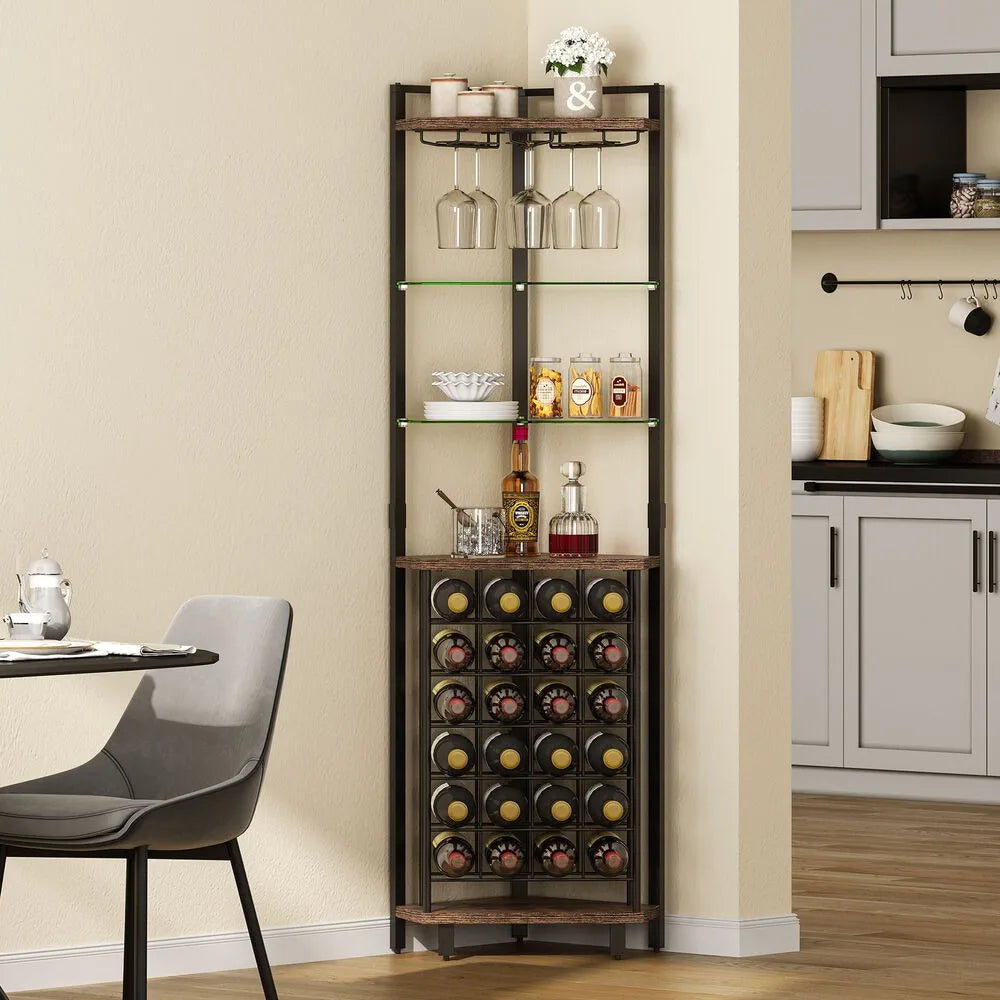 4-Tier Corner Wine Rack – Industrial Bar Cabinet with Glass Holder & Storage Shelves