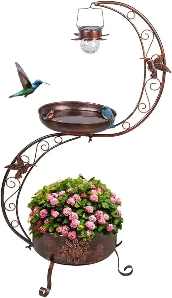 Garden Charm: Metal Blue Bird Bath with Solar Light & Integrated Flower Planter